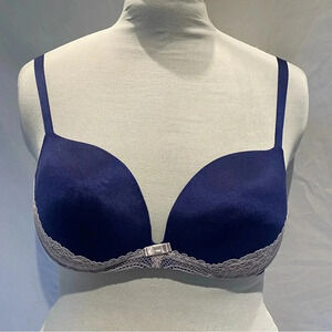 Victoria’s Secret Lined Demi Bra, navy blue with white lace, size 36D